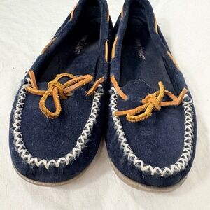 MINNETONKA Leather Suede Moccasins Shoes Women 8.5 Blue Whipstitch Slip On
